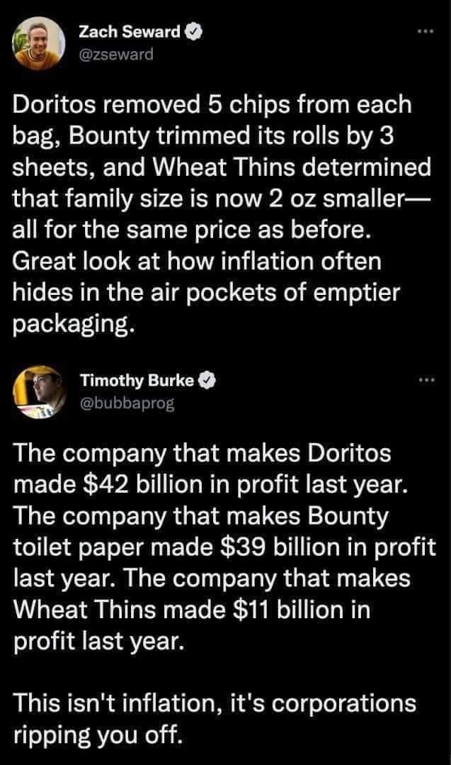 This meme is a humorous comparison of the financial performance of several large corporations, using a humorous and exaggerated analogy to illustrate their financial struggles. The text reads: "Doritos removed 5 chips, Bounty trimmed its rolls by 3 sheets, and Wheat Thins are now 2 oz smaller - all for the same price. The company that makes Doritos made $42 billion in profit last year, the company that makes Bounty paper made $39 billion in profit last year, and the company that makes Wheat Thins made $11 billion in profit last year."