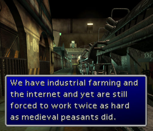 The meme is an image of a screenshot from the video game "The Elder Scrolls III: Morrowind". The text in the image reads: "We have industrial farming and the internet, and yet we are still forced to work twice as hard as medieval peasants did." The image is likely a humorous commentary on the contrast between modern technology and the labor practices of medieval times.