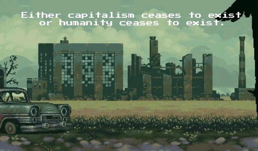 This meme is a still image from the video game "Fallout 3", featuring a post-apocalyptic wasteland with a destroyed cityscape. The image shows a desolate landscape with a broken-down car and a sign in the distance that reads "In a world out of ideas, in a world out of time...". The text "Either capitalism has destroyed humanity or humanity has destroyed capitalism" appears at the top of the image.