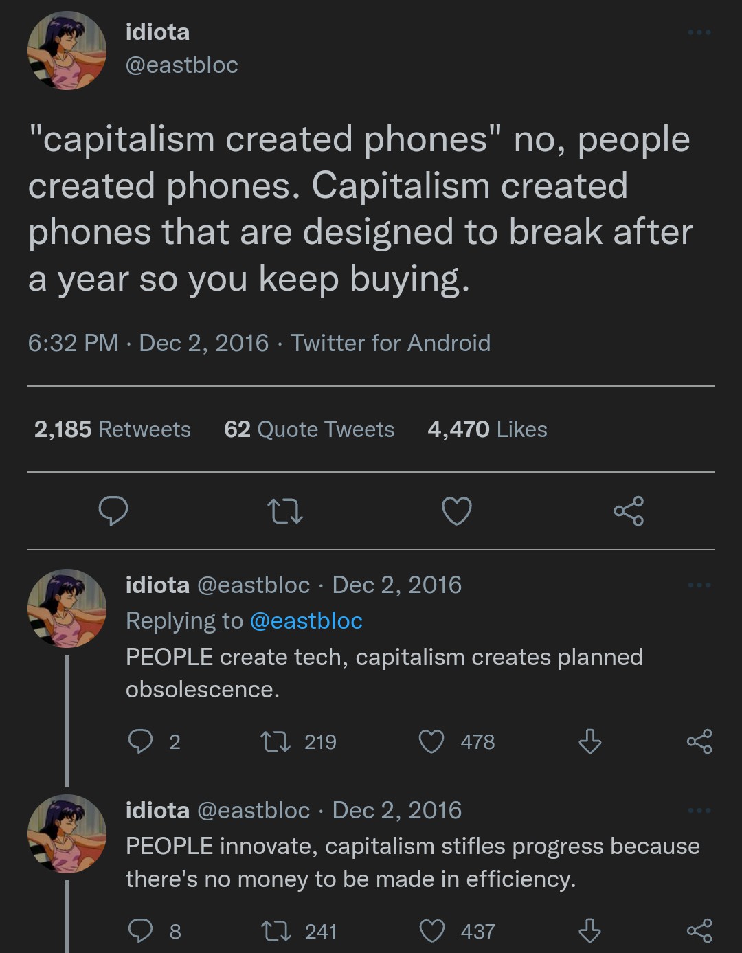 This meme is a humorous take on the concept of capitalism. It starts with a quote, "capitalism created phones, but it didn't create people," implying that the focus on technology has led to a lack of human connection. The response is a sarcastic remark, "people created phones," implying that the true creators of technology are the people, not capitalism.