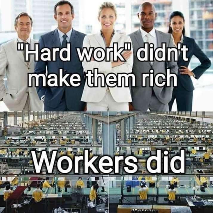 This meme is a play on the common phrase "hard work doesn't guarantee success" and the idea that many people believe that it does. The top image shows a group of successful-looking businesspeople, with the text "Hard work doesn't guarantee success" above them. The bottom image shows a massive factory floor with many workers, with the text "But it doesn't hurt" below it, implying that even if hard work doesn't guarantee success, it can't hurt to try.