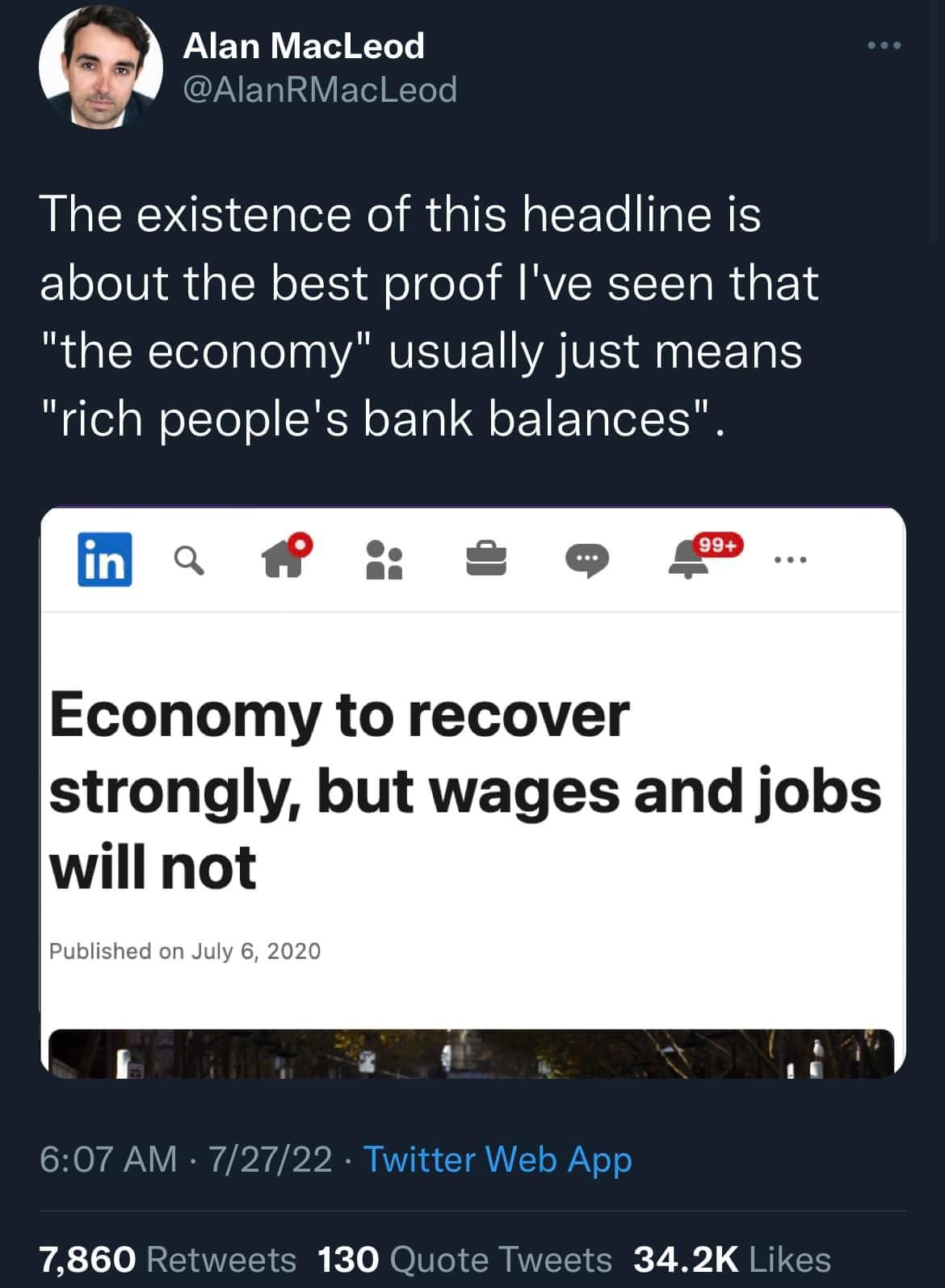 The meme is a screenshot of a news article with a headline that reads "Economy to recover strongly, but wages and jobs will not." The article is from a satirical news website, as indicated by the "The Onion" logo at the top. The image is captioned with a quote from the article, but the actual quote is not provided.
