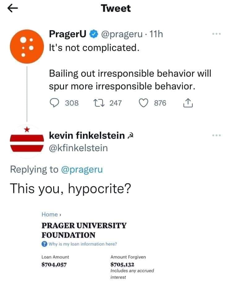 This meme is a screenshot of a Twitter conversation between two users, "PragerU" and "Kevin Finklestein". The conversation starts with "PragerU" saying "It's not complicated" and "Kevin Finklestein" responding with a joke about a loan from the PragerU Foundation, implying that the foundation is a joke and that the user is actually asking for a loan.