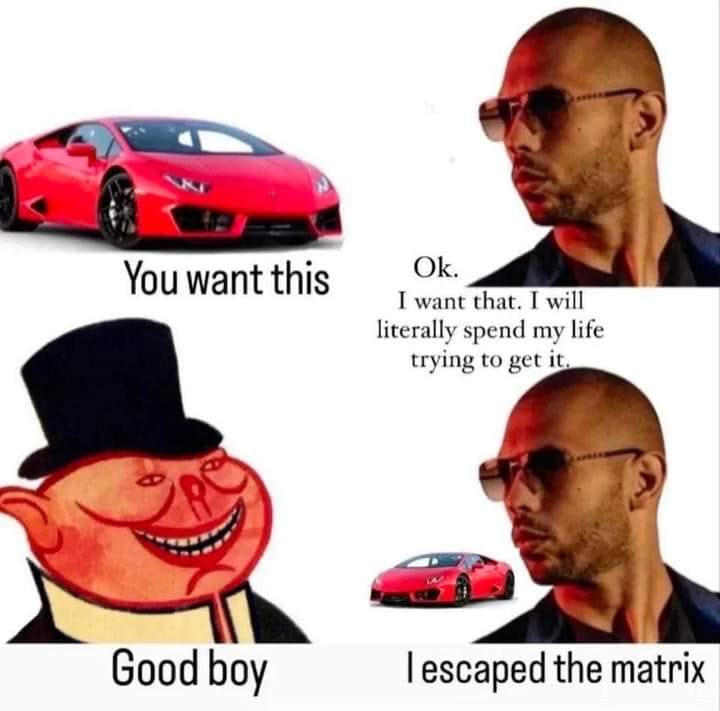 This meme is a play on the iconic "I'll be back" line from the Terminator franchise, but with a humorous twist. The image shows a character from the movie "The Matrix" (the "red pill" character) saying "You know what they say: 'I'll be back'... to own this car".
