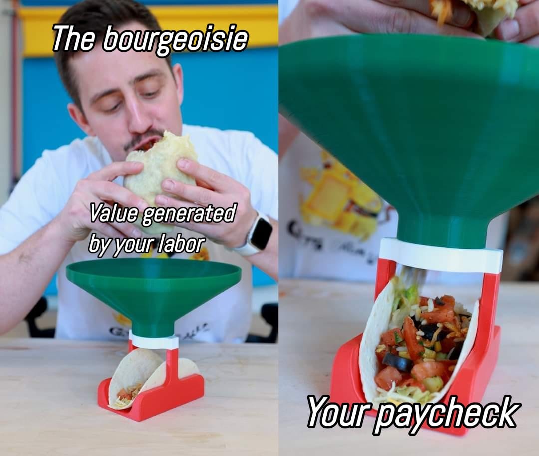 This meme is a humorous commentary on the exploitation of workers by the capitalist class. The image shows a person eating a burrito, but instead of using a spoon or fork, they are using a small, handheld device that looks like a cross between a funnel and a food processor. The text "The bourgeoisie" is at the top, "Value generated by your labor" is in the middle, and "Your paycheck" is at the bottom.