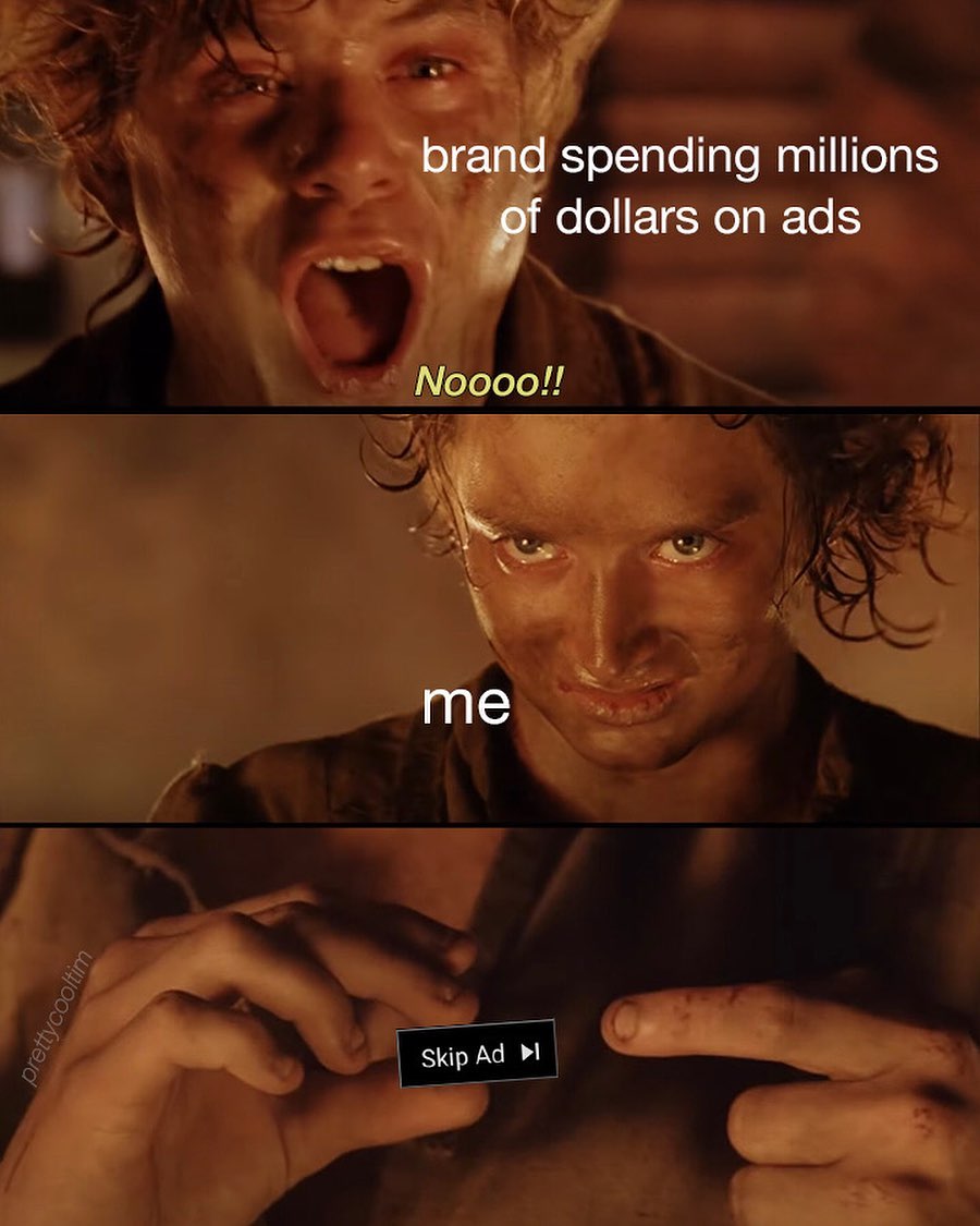 This meme is a humorous take on the frustration of being interrupted by online ads. The image features a character from the movie "The Lord of the Rings" (Frodo) reacting to a video ad that starts playing unexpectedly. The text "In a world..." is shown, but the character's response is "No!" followed by "In a world...".