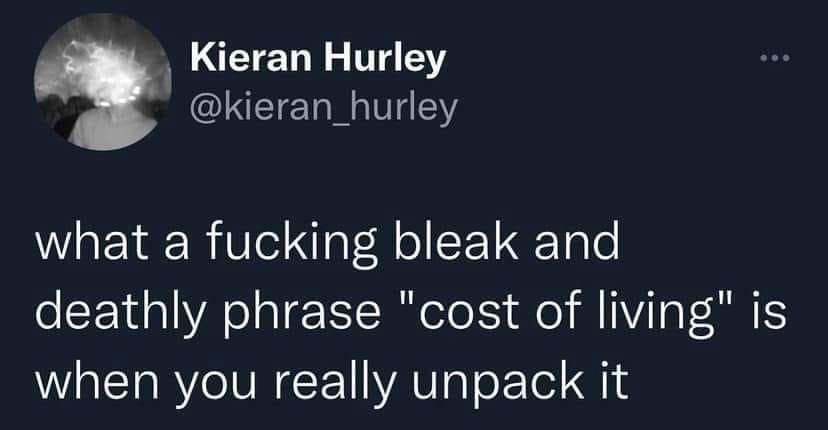 The meme is a screenshot of a Twitter post from a user named @kieran_hurley. The text reads: "what a f***ing bleak and deathly phrase 'cost of living' is when you really unpack it." The post is a humorous commentary on the financial struggles of everyday life.
