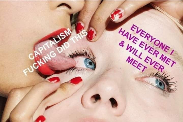 This meme is a humorous take on the concept of capitalism. It features a photo of a person with a shocked expression, with their mouth open and tongue out. The text "CAPITALISM" is written in bold, white letters across their face, and the phrase "FUCKING DID THIS" is written in smaller, pink letters above their eye.