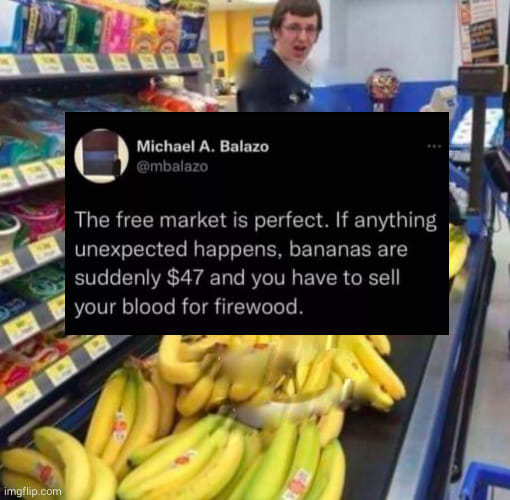 This meme is a screenshot of a person's reaction to a shocking price change on a store's TV screen. The text on the screen reads: "The price of firewood has increased to $47.99." However, the person in the background is reacting with shock and confusion, implying that the price of firewood has suddenly jumped to an absurdly high amount. The image is captioned with a humorous comment from Twitter user @mbalazo: "The free market is perfect. If anything unexpected happens, bananas are suddenly $47 and you have to sell your blood for firewood."