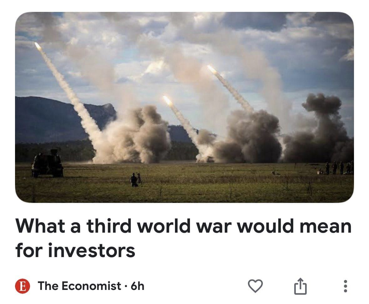 This meme is a humorous image that juxtaposes a dramatic and intense scene from a World War III scenario with a mundane and absurd context. The image shows a battlefield with explosions and destruction, but the text "What a third world war would mean for investors" is displayed prominently, implying that the focus is on the financial implications of such a catastrophic event. The meme is likely poking fun at the idea that investors would be concerned about the financial consequences of a global war, rather than the actual destruction and loss of life.