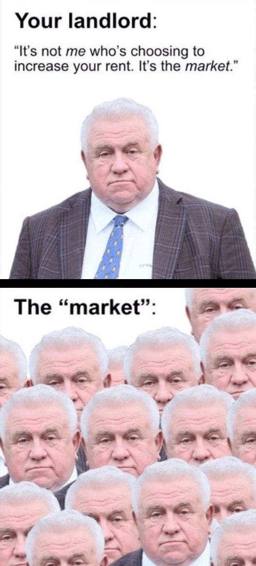 The meme is a humorous commentary on the concept of supply and demand in economics. It features a split image, with a photo of a stern-looking man on the left and a photo of a crowd of identical-looking men on the right. The text on the left says "You're telling me the market is just a bunch of old white guys?" and the text on the right says "The market".