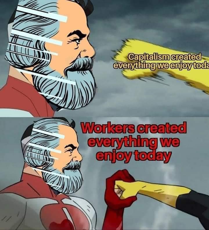 This meme is a humorous illustration of a character from the popular animated series "Rick and Morty" (specifically, Rick) being forced to confront the harsh realities of his own philosophical ideology. The image depicts Rick's face with a series of white lines etched into it, symbolizing the "lines" of Marxist theory. The text "Capitalism created everything we enjoy today" is juxtaposed with "Workers created everything we enjoy today", highlighting the irony and contradiction between the two statements.