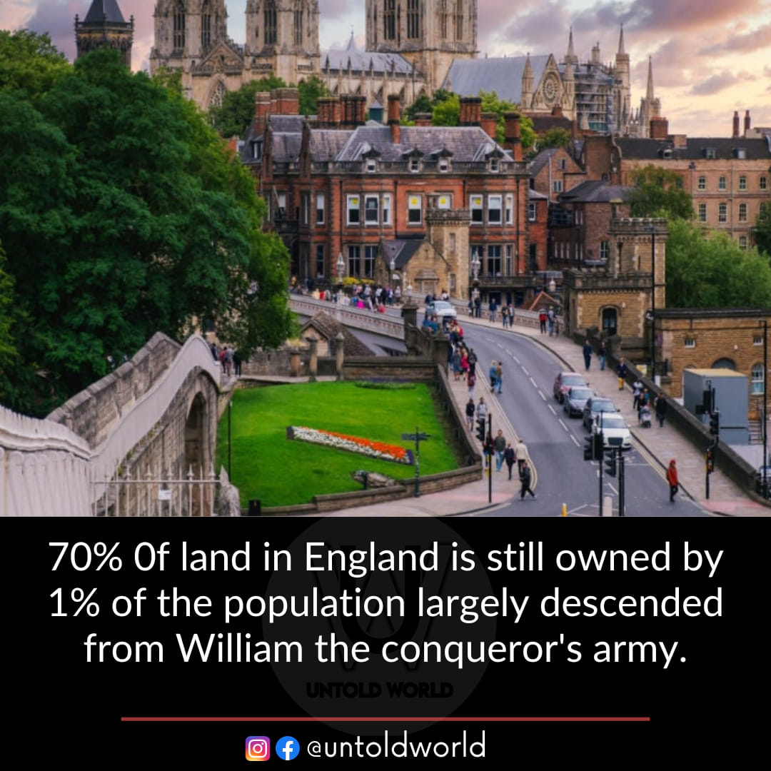 This meme is an image of a city with a large cathedral in the background. The text at the top reads "70% of the land in England is owned by 1% of the population" and at the bottom "In England, 70% of the land is owned by 1% of the population". The meme is poking fun at the fact that a small percentage of the population owns a large amount of the land in England.
