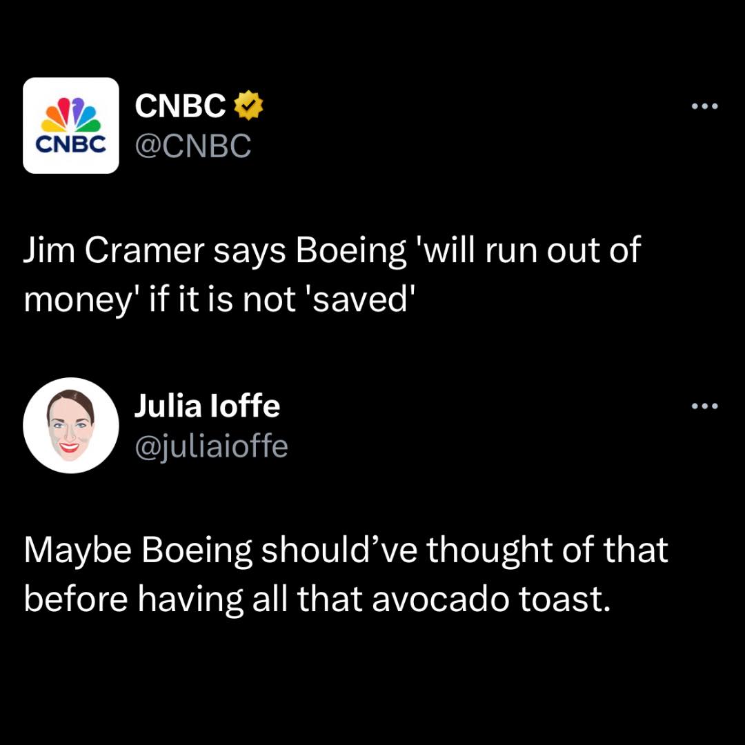 This meme is a humorous exchange between two individuals, with the first person (represented by the CNN logo) stating that "Boeing will never go bankrupt" and the second person (represented by the CNBC logo) responding with a sarcastic comment about Boeing's financial situation. The text reads: "Boeing will never go bankrupt" and "Boeing will never go bankrupt... said no one ever".