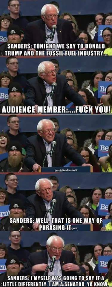This meme is a parody of a clip from a 2020 Democratic primary debate where Bernie Sanders' response to a question about the Trump administration's policies on fossil fuels is interrupted by an audience member yelling "f*** you" and Sanders responding with a sarcastic comment. The meme shows Sanders' quote "I'm a senator, not a Jedi" in a caption, but the actual quote is not shown in the image. The meme is a humorous take on Sanders' quick-witted response to the outburst.