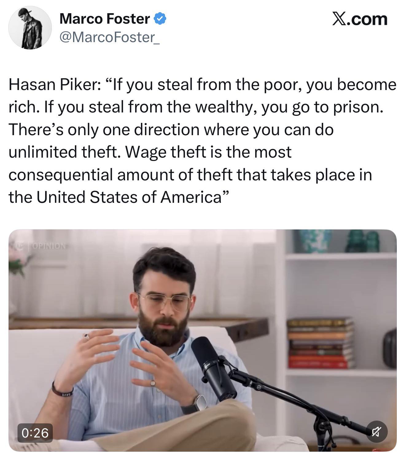 This meme highlights a quote by Hasan Piker (attributed to user Marco Foster), arguing that the economy acts as an inherent thief. It suggests that while stealing from impoverished individuals makes you rich, stealing...