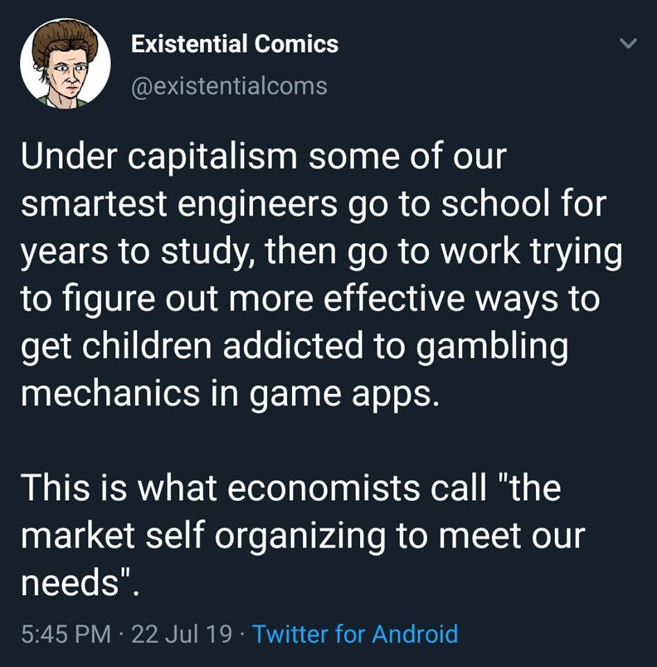 The meme is a humorous take on the concept of capitalism and how it's perceived by people. The text in the image reads: "In a world where the economy is a cruel and unforgiving beast, it's best to assume that the people in charge are either very smart or very lucky." The image is likely a cartoon or illustration of a person, but the text is the main focus.