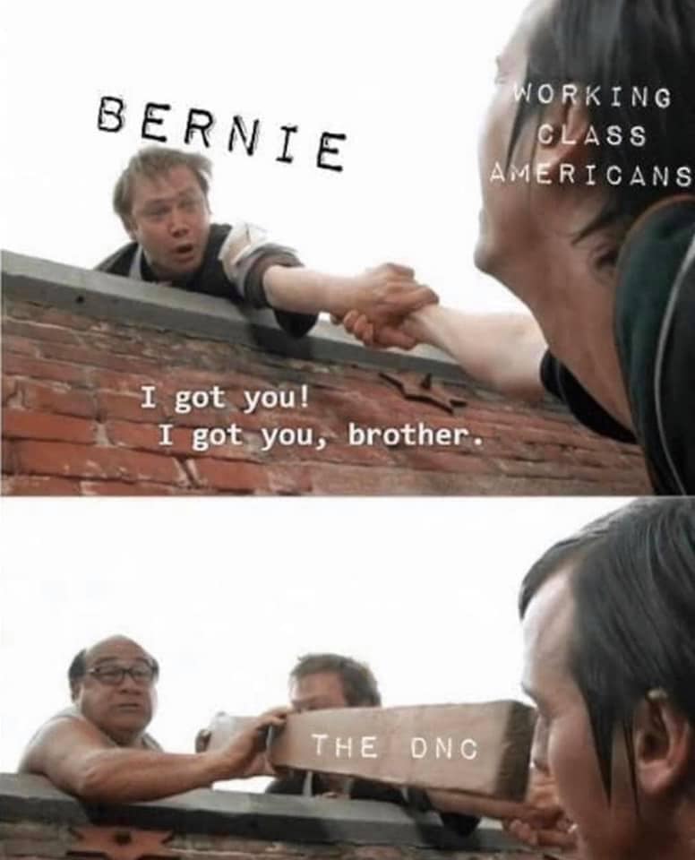 This meme is a humorous take on a famous scene from the movie "The Dark Knight" where Batman lets go of a hostage, saying "I did it" and then letting go of the hostage. In this meme, the phrase is replaced with "I did it" being changed to "I got you" and the character's name "Batman" is changed to "Bernie". The meme also adds a caption saying "I got you" which is a play on words referencing Bernie Sanders, a democratic socialist politician, and his supporters.