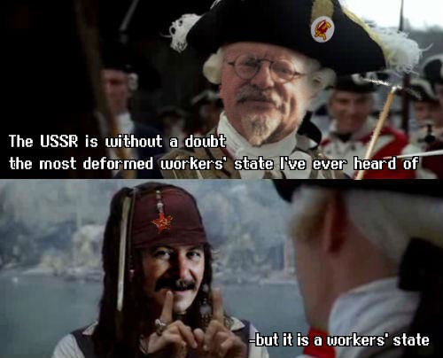 This meme is a humorous comparison between the Soviet Union (USSR) and the United States (US). The top image shows a character from the movie Pirates of the Caribbean, Captain Barbossa, saying "The USSR is like the US, but...". The bottom image shows a pirate from the same movie, Captain Jack Sparrow, responding with "The USSR is like the US, but...". The text in the meme reads: "The USSR is like the US, but it's a workers' state, but it's a workers' state, but it's a workers' state."