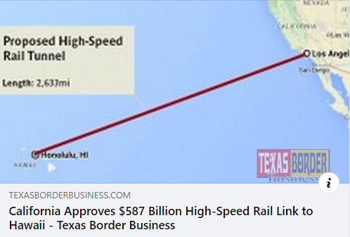 This meme is a screenshot of a news article with a bold headline and a photo of a map with a red line tracing a route from Los Angeles to Honolulu, with a caption that reads "Proposed High-Speed Rail to Hawaii". The article is from a satirical news website, and the headline is likely meant to be humorous or ironic, implying that a high-speed rail to Hawaii is a ridiculous or impossible idea.