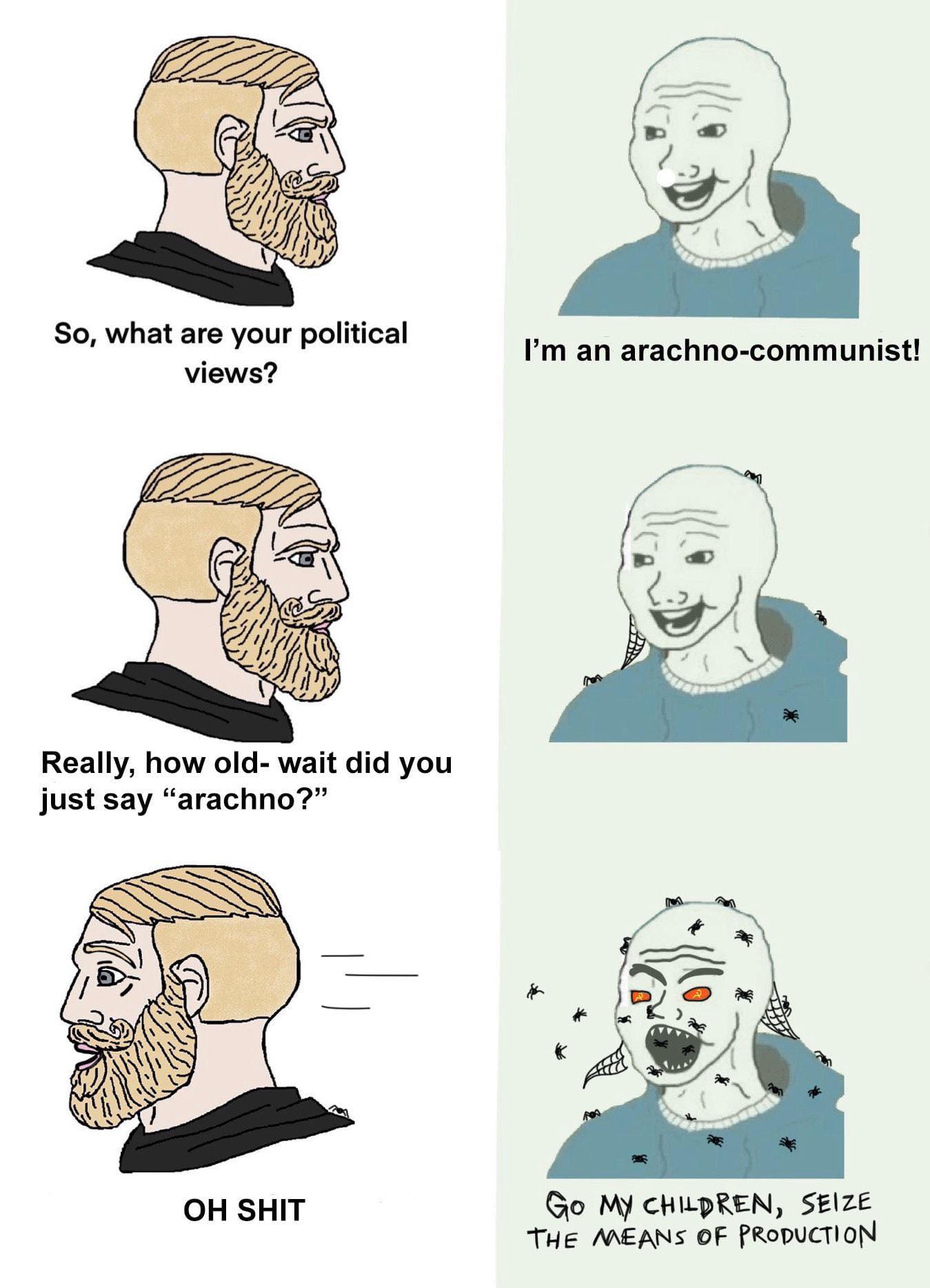 This meme is a humorous exchange between two characters, with the first character asking for a political opinion and the second character responding with a sarcastic and absurd answer. The second character says "I'm an arachno-communist" and then immediately contradicts themselves with "I'm a lar... just kidding, I'm a lar... no, I'm a lar... I'm a lar... I'm a lar... I'm a lar...". The meme then cuts to a character with a horrified expression, captioned "I'm a lar...".
