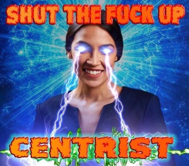 This meme features a photo of Alexandria Ocasio-Cortez, a U.S. politician, with a shocked expression. The text "SHUT UP" and "SHUT UP" (in a different font) are written above and below her face, respectively, with a red "X" marked through both. The text "SHUT UP" is repeated multiple times in a bold, graffiti-style font at the top and bottom of the image, with "SHUT UP" written in a smaller, cursive font at the bottom.