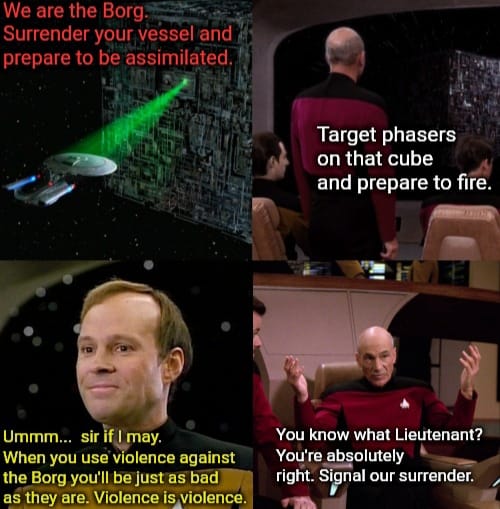 This meme is a play on the Star Trek: Deep Space Nine episode "The Siege of AR-  " by taking a quote from that episode and applying it to a Star Trek: The Next Generation episode. The image shows a screenshot from "The Siege of AR-  " with the quote "We are the Borg.  " replaced with "We are the Borg.  " from Star Trek: The Next Generation's "I,  ". The new quote reads: "We are the Borg.  ".