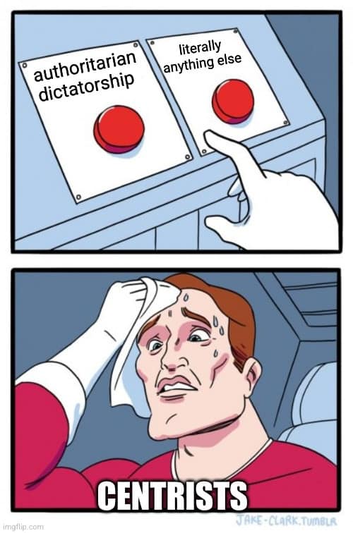This meme is a humorous take on the concept of authoritarianism vs. anarchism. It features a split-screen image with two buttons labeled "Authoritarian Dictatorship" and "Anarchy/No Rules". The top button is pressed, and the text "I choose... dictator" is displayed, followed by a shot of a person looking shocked and a second shot of a person with a thought bubble that says "I chose... wrong".