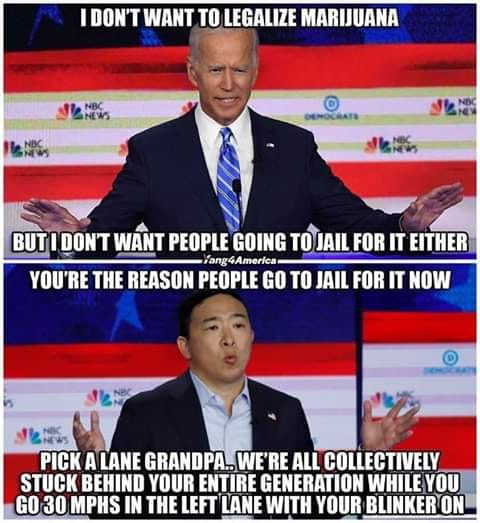 This meme is a humorous exchange between two politicians, Joe Biden and Pete Buttigieg, in a satirical conversation about marijuana legalization. The top image shows Joe Biden saying "I don't want to legalize marijuana" and the bottom image shows Pete Buttigieg responding with "I don't want to legalize marijuana, but I do want to legalize marijuana for everyone else, but not for me."
