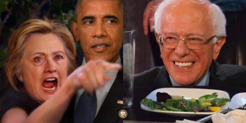 This meme features a split-screen image of former US President Barack Obama and former US President Joe Biden looking shocked and outraged, with a caption "When you ask Bernie Sanders to eat a salad". The image is a humorous take on the stereotype that Sanders, a self-proclaimed democratic socialist, is a strict vegetarian and would not be caught eating a salad.