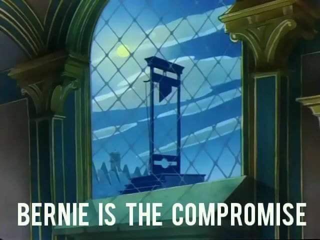 This meme features a picture of a guillotine, a medieval execution device. The text "Bernie is the Guillotine" appears in the image, implying that Bernie Sanders, a politician, is like a deadly and feared instrument of punishment. The image is likely used to humorously suggest that Bernie Sanders is so unpopular or threatening that he's like a deadly tool of execution, ready to strike at any moment.