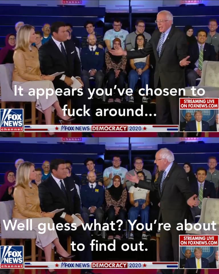 The meme is a screenshot of a TV interview where Bernie Sanders is interrupted by a Fox News host. The host says "It's hard to listen to you" and Sanders responds with "I don't think I'm going to sit here and listen to you." The text "It's hard to listen to you" is overlaid with "I don't think I'm going to sit here and listen to you" in a sarcastic tone.