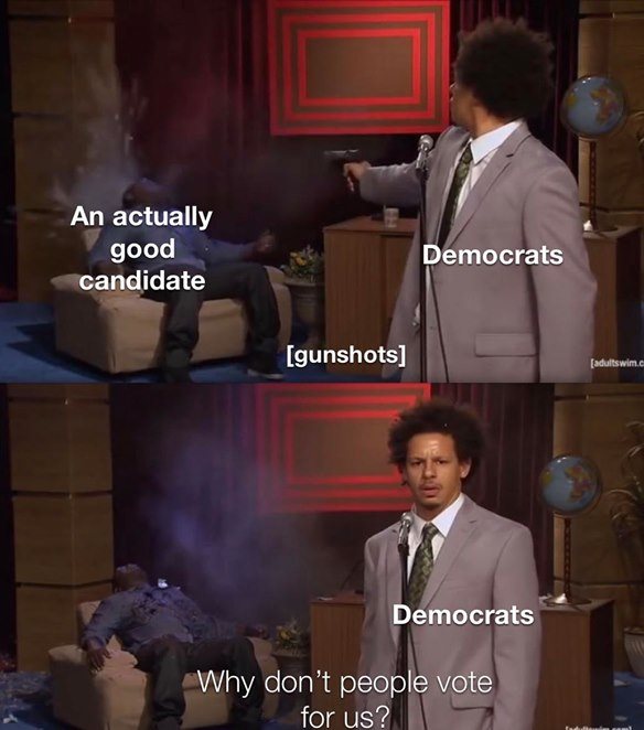 This meme is a humorous commentary on the perceived differences between Democrats and Republicans. The image shows a person being asked why they don't vote for Democrats, to which they respond by shooting the interviewer. The text "In a democracy, the people who vote decide who gets to govern" is overlaid on the image, with the word "democracy" crossed out and replaced with "dictatorship".
