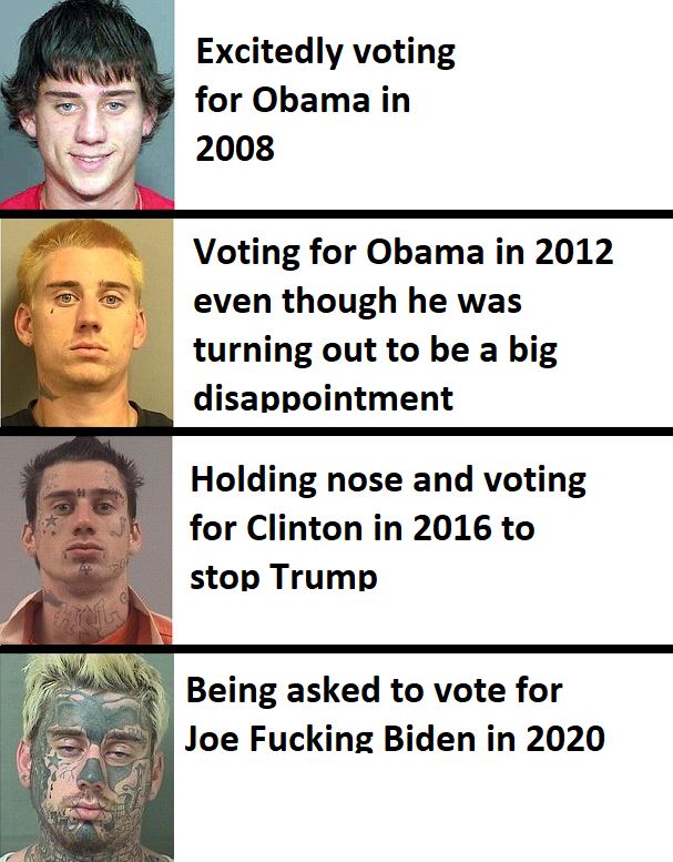This meme is a humorous comparison of the evolution of young people's voting habits. The image features a series of photos of young men with increasingly outrageous hairstyles and facial hair, accompanied by captions that describe their supposed voting preferences. The text reads: "In 2008: Excitedly voted for Obama. In 2012: Still voted for Obama, but was slightly disappointed. In 2016: Held nose and voted for Clinton to stop Trump. In 2020: Asked to vote for Biden."