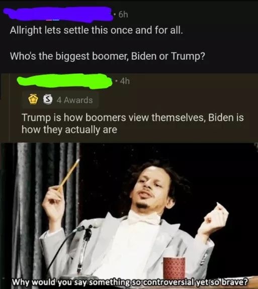 This meme is a screenshot of a Reddit comment thread where someone asks "In a world where the most popular presidents are named after foods, who's the biggest?" and a user responds with a joke about the difference between Donald Trump and Joe Biden. The response includes a quote from a 1983 comedy special by Eddie Murphy, which is edited to replace "Richard" with "Donald" and "Prescott" with "Trump".