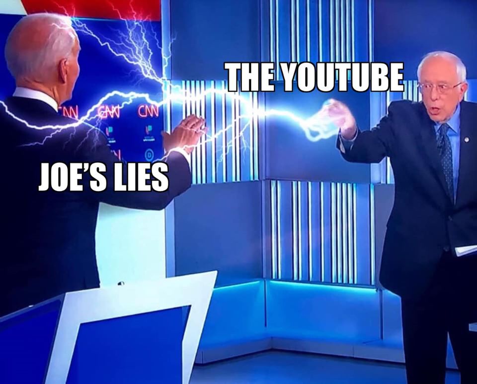 This meme is a humorous image of a presidential debate between Joe Biden and Bernie Sanders. The image depicts Biden and Sanders standing in a debate stage, but instead of speaking, they're both shouting "CNN" and "YouTube" respectively, as if they're trying to out-shout each other. The text "Joe's Lies" and "The Truth" are written on the image, with the latter being crossed out.
