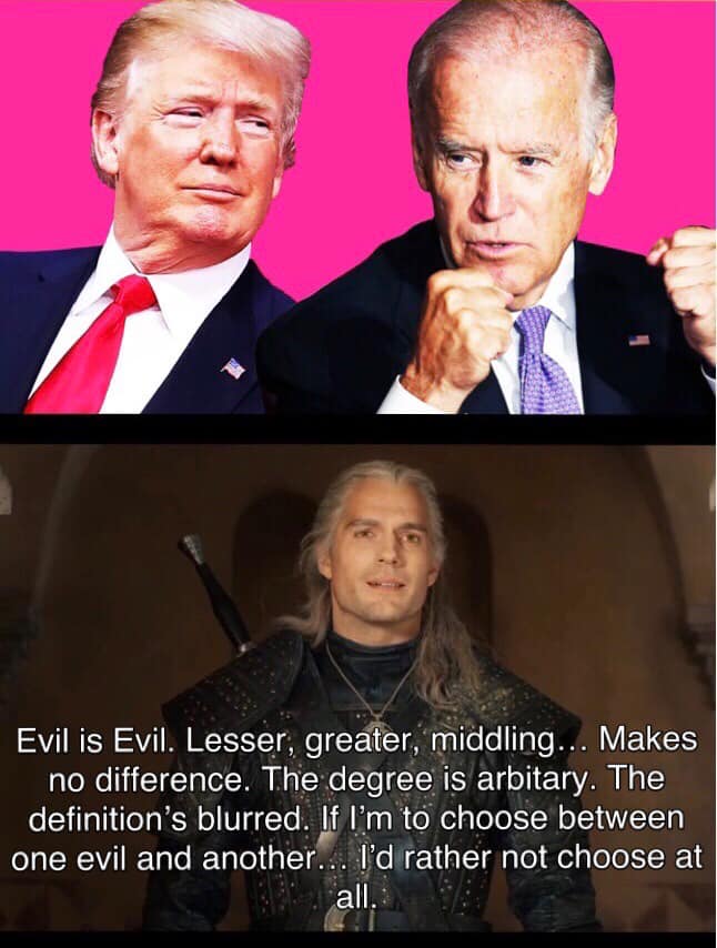 This meme is a humorous comparison between two politicians, Donald Trump and Joe Biden, and the fictional character Geralt of Rivia from the Netflix series "The Witcher". The meme shows a photo of Trump and Biden with a quote from Geralt's character, "The last thing you hear is the sound of the wind..."