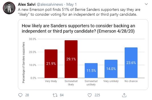 This meme is a screenshot of a tweet from a user named "Alex Salvi" that shows a graph from a poll about Bernie Sanders supporters. The graph shows that 51% of Bernie Sanders supporters are likely to vote for Joe Biden, 21% are likely to vote for Elizabeth Warren, and 29% are undecided or have no preference. The meme is likely being shared to poke fun at the idea that Bernie Sanders supporters are so divided that they can't even agree on a third-party candidate.