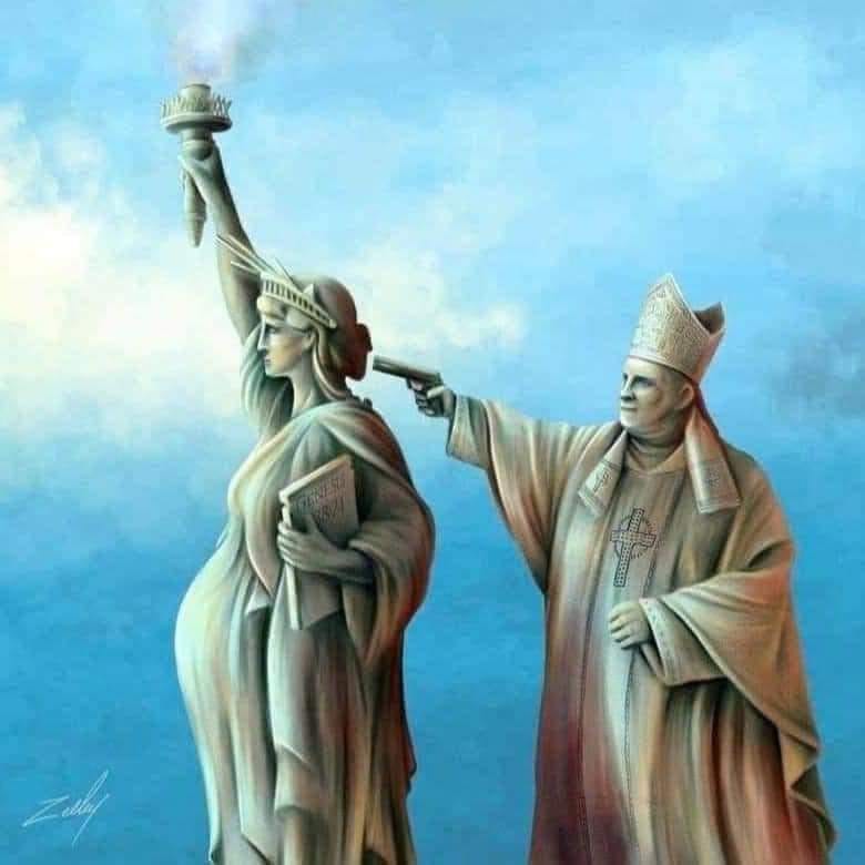 This meme is a play on the iconic Statue of Liberty, but with a twist. The image shows the Statue of Liberty holding a torch in one hand and a tablet in the other, but in place of her face, it's a portrait of the Pope (or a similar Catholic leader). The text "In God We Trust" is scribbled out and replaced with "In God We Trust...But Allah is Greater".