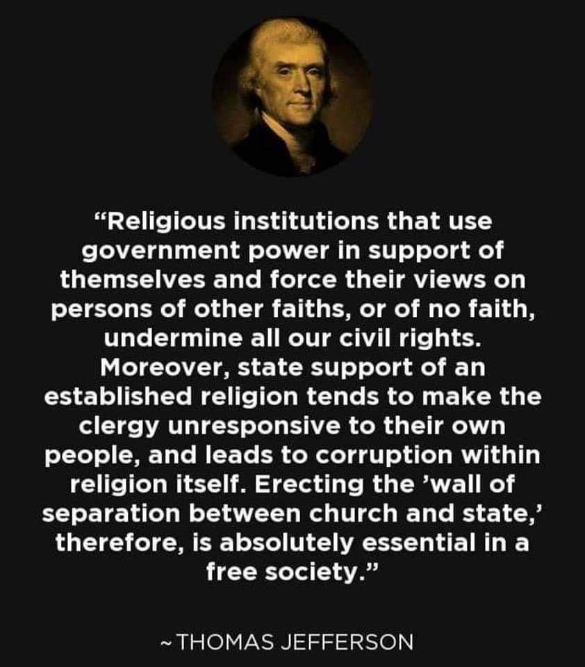 The meme is a humorous take on the concept of the separation of church and state, with a quote from Thomas Jefferson. The image likely shows a cartoonish illustration of a church and a state building, with a red line or a "wall" between them, symbolizing the separation. The text of the meme reads: "In 1789, Thomas Jefferson wrote, 'The separation of church and state, is a wall between the church and the state. This wall keeps the church out of the government and the government out of the church.'"