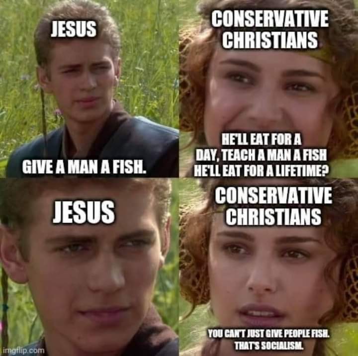 This meme is a humorous take on the biblical story of Jesus feeding the 5,000 with five loaves of bread and two fish. The image juxtaposes a quote from the story ("Jesus, give us a fish") with a modern-day conversation between a Christian and a conservative Christian, where the Christian asks for a fish and the conservative Christian responds with a sarcastic remark referencing a famous line from the story.