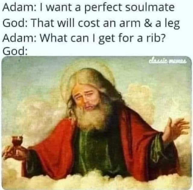 This meme is a play on a biblical quote, where God asks Adam if he wants to be with his wife, Eve, or have a rib instead. The meme is a humorous take on the biblical story, with a caption that reads "In the beginning, God created man and in his image, but God said, 'It's not good that man should be alone; I will make him a companion and it will be better for him than if he were alone.'"