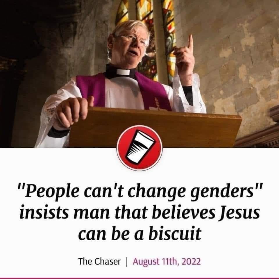 The meme is a screenshot of a news article with a bold headline: "The Bible says: 'Love your neighbour as yourself'... but not if they're transgender." Below the headline is a quote from a pastor: "'People can change their genders, but God won't change his mind. He said it, he meant it, he's not going to change it.'"