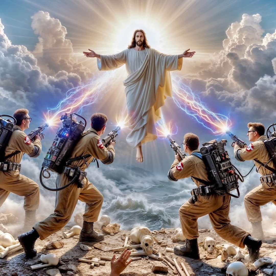 This meme features a split-screen image of a group of Ghostbusters, known for their supernatural battles, facing off against a giant, glowing Jesus Christ. The image is captioned "We came, we saw, we protoned". The text is a play on the Roman Empire's famous phrase "We came, we saw, we conquered", but in this case, it's a humorous twist on the Ghostbusters' victory over the supernatural forces they typically face.