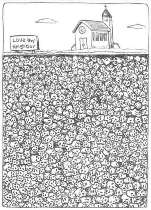 The meme is a humorous illustration of a church with a graveyard in the front yard, but instead of traditional tombstones, the graveyard is filled with skulls. The text "In his father's house are many mansions" appears on a sign above the church entrance, referencing a Bible verse. The image is a darkly comedic take on the idea of a church being a welcoming place for the deceased.