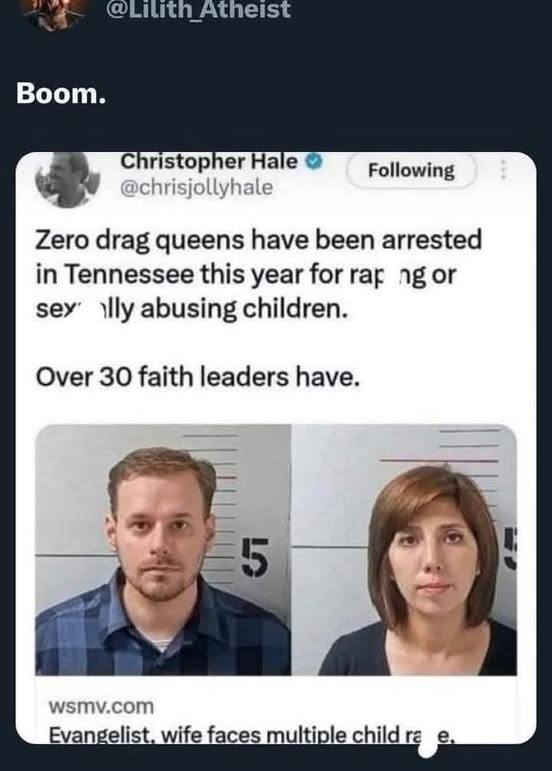 This meme is a screenshot of a Twitter post that appears to be a satirical news article. The text reads: "Zero drag queens have been arrested in Tennessee this year for raping or sexually abusing children." However, the article is actually a fake news headline, and the real news is that there have been 0 arrests of drag queens in Tennessee for these crimes, implying that the article is trying to make a false claim.