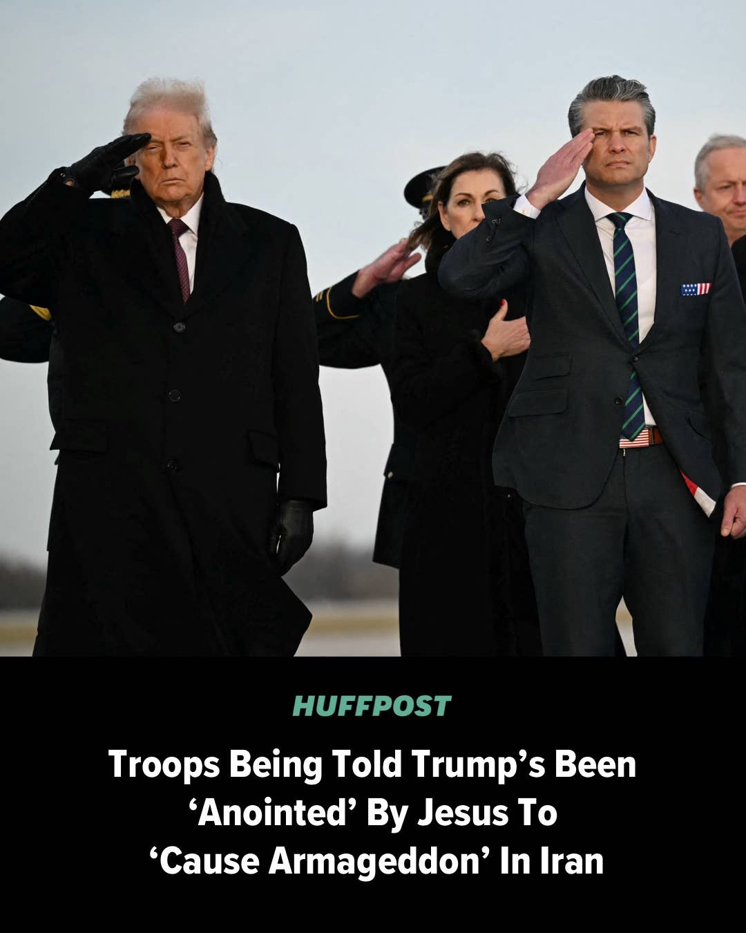 This meme is a satirical commentary on the relationship between former President Donald Trump and his Christian Evangelist supporters. The image shows a group of people, including Trump, who are being told to salute,...