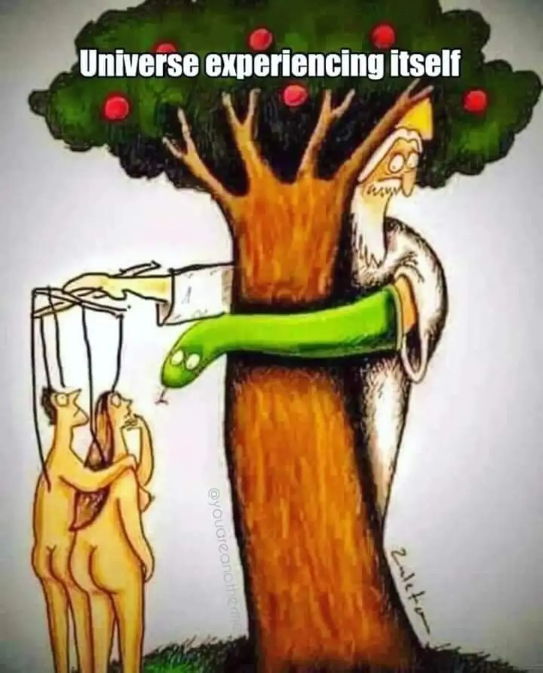 The meme depicts a tree with a snake wrapped around its trunk, with a caption "In a universe where everything is a metaphor for itself." The image shows a tree with a snake around its trunk, and a smaller tree-like creature in the foreground with a snake around its neck. The text above the image reads "In a universe where everything is a metaphor for itself".