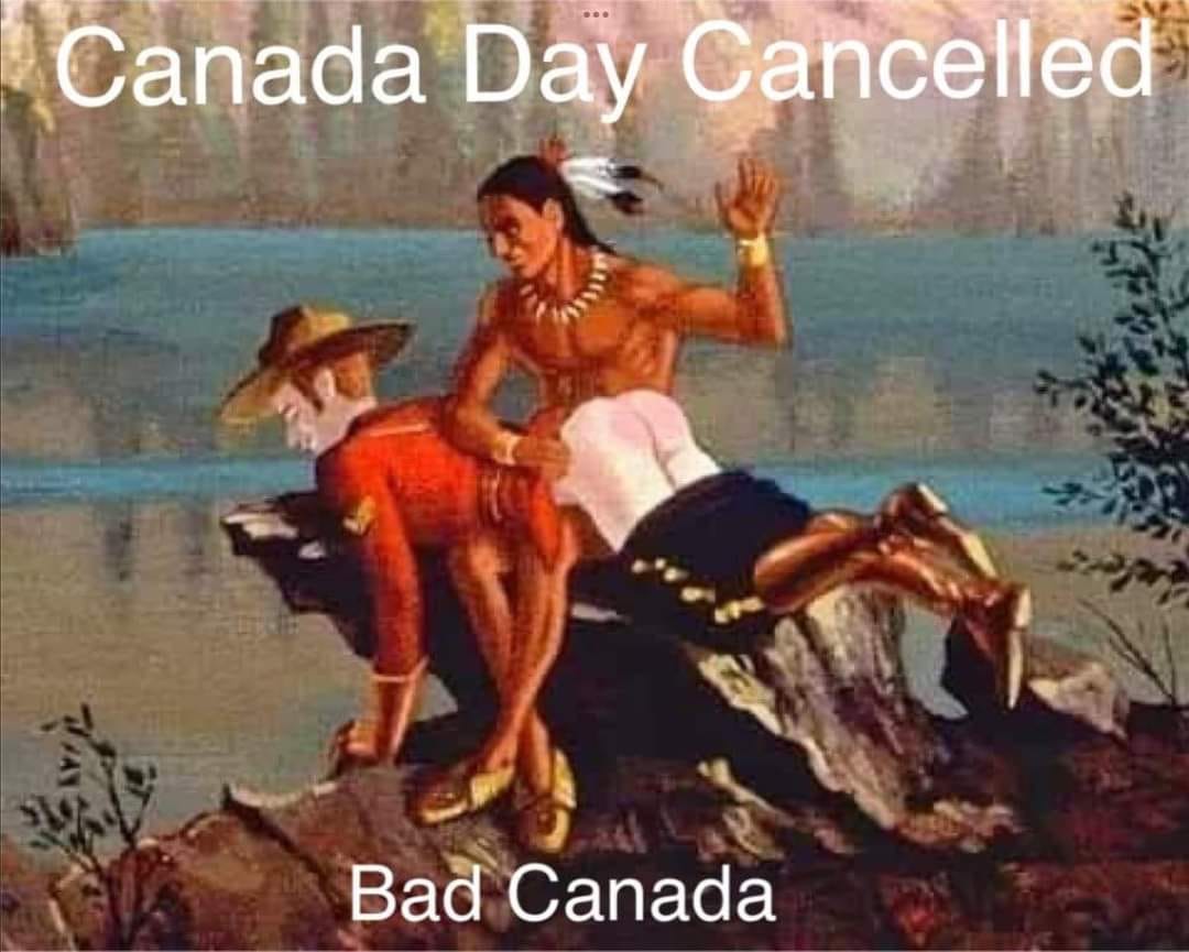 This meme is a humorous image that pokes fun at the Canadian holiday "Canada Day" by replacing it with a more...unsettling alternative. The text "Canada Day Cancelled" appears at the top, while "Innuendo Day" is written at the bottom. The image itself is a darkly comedic illustration of a traditional Canadian Mountie (police officer) being, ahem, "rearranged" by a Native American warrior.