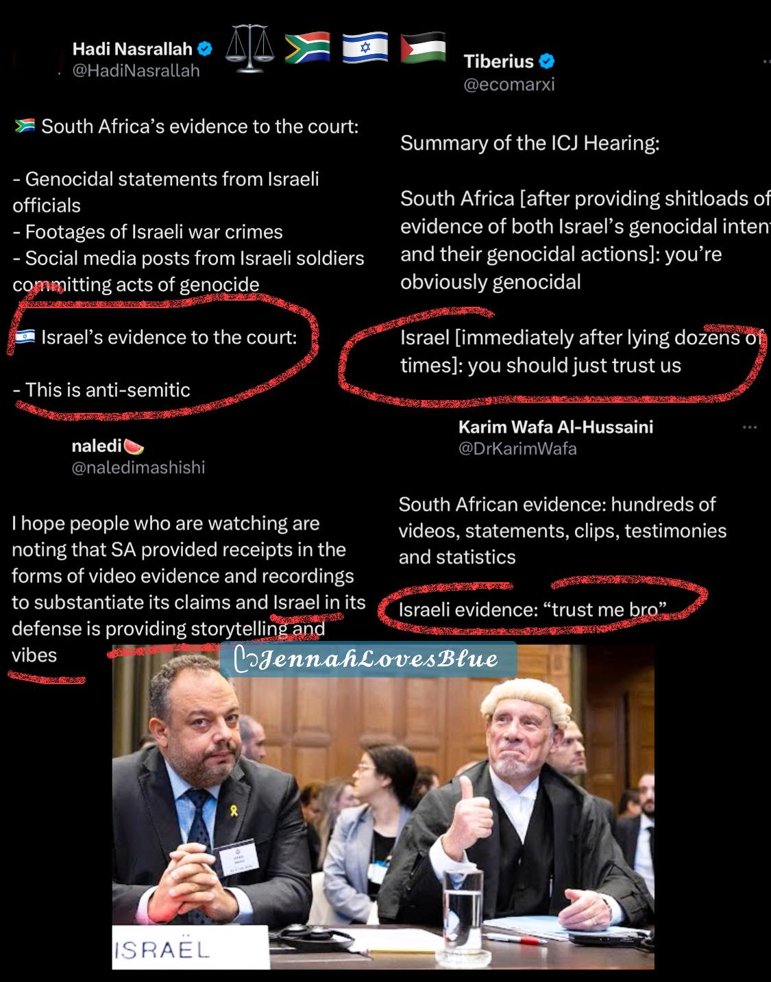 This meme is a screenshot of a Twitter thread where several users are discussing a court case in South Africa, with a focus on the country's handling of the Israeli-Palestinian conflict. The text includes quotes from the court transcripts, with one user stating "Israel's evidence is anti-Semitic" and another user responding "I hope people who are watching are not drinking in the usual manner".